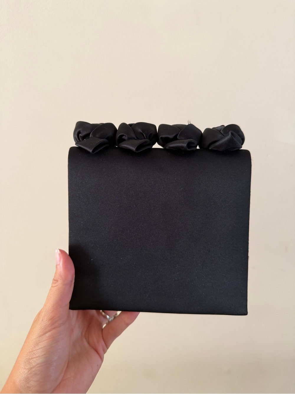 Elegant Black Satin Floral-Trim Evening Clutch